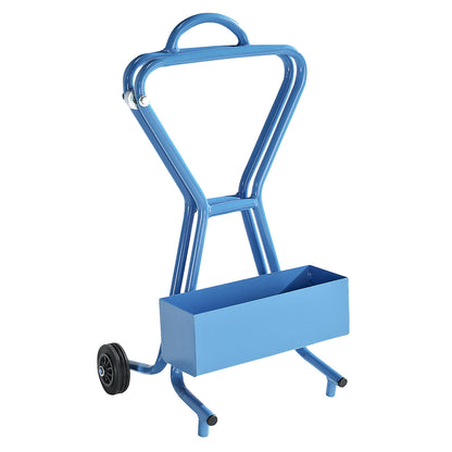 Strap dispenser for steel strapping, for special spools, strap width 16 mm, mobile, with storage compartment.