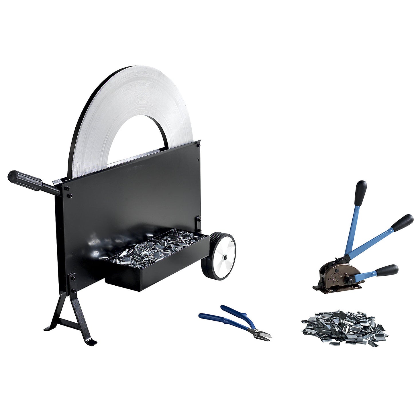 Strapping set, steel strapping, tensioning and sealing tool, cutter, mobile strap dispenser, strap, seals, strapping width 16 mm.