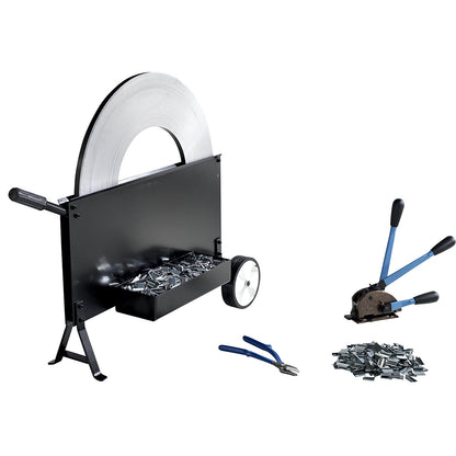 Strapping set, steel strapping, tensioning and sealing tool, cutter, mobile strap dispenser, strap, seals, strapping width 16 mm.