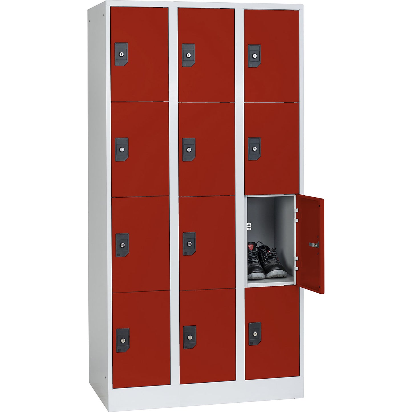 Stuttgart 4-fold compartment locker, 3 compartments, W 900 mm, light grey / flame red.