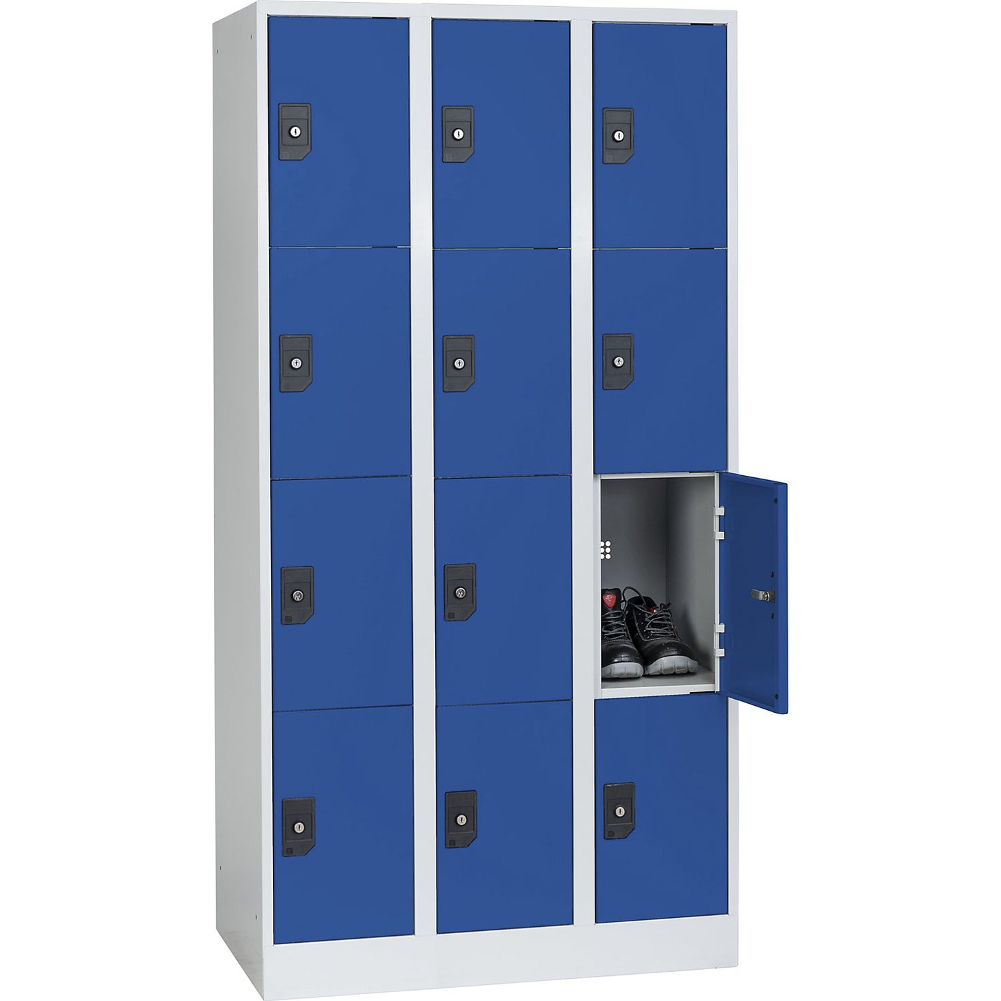Stuttgart 4-fold compartment locker, 3 compartments, W 900 mm, light grey / gentian blue.
