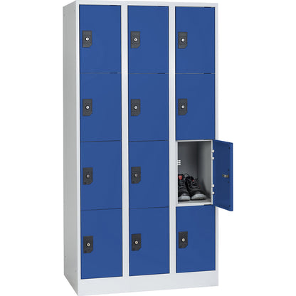 Stuttgart 4-fold compartment locker, 3 compartments, W 900 mm, light grey / gentian blue.