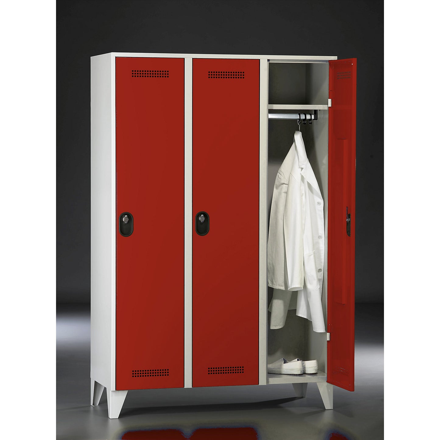 Köln clothes locker, 3 compartments, light grey / flame red, 1200 mm.
