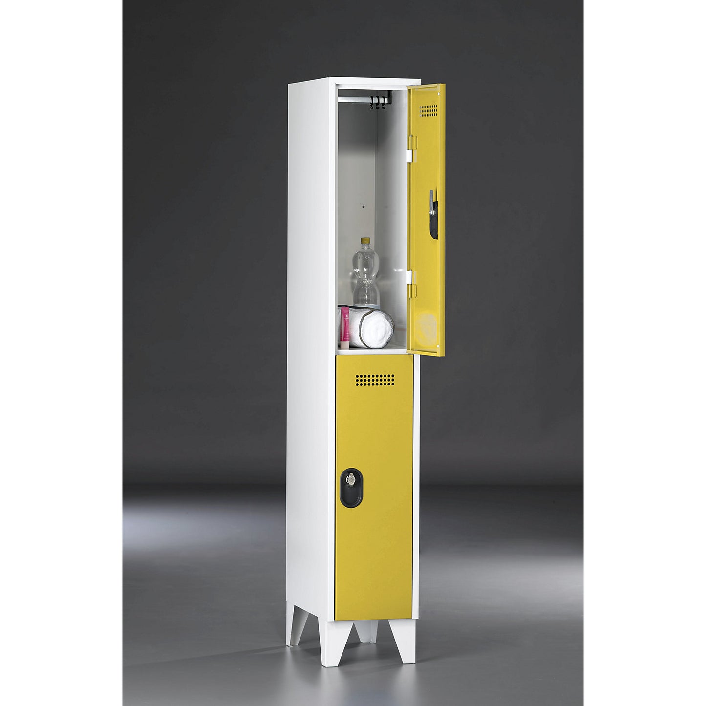 Köln double deck clothes locker, 1 compartment, light grey / zinc yellow, 300 mm.