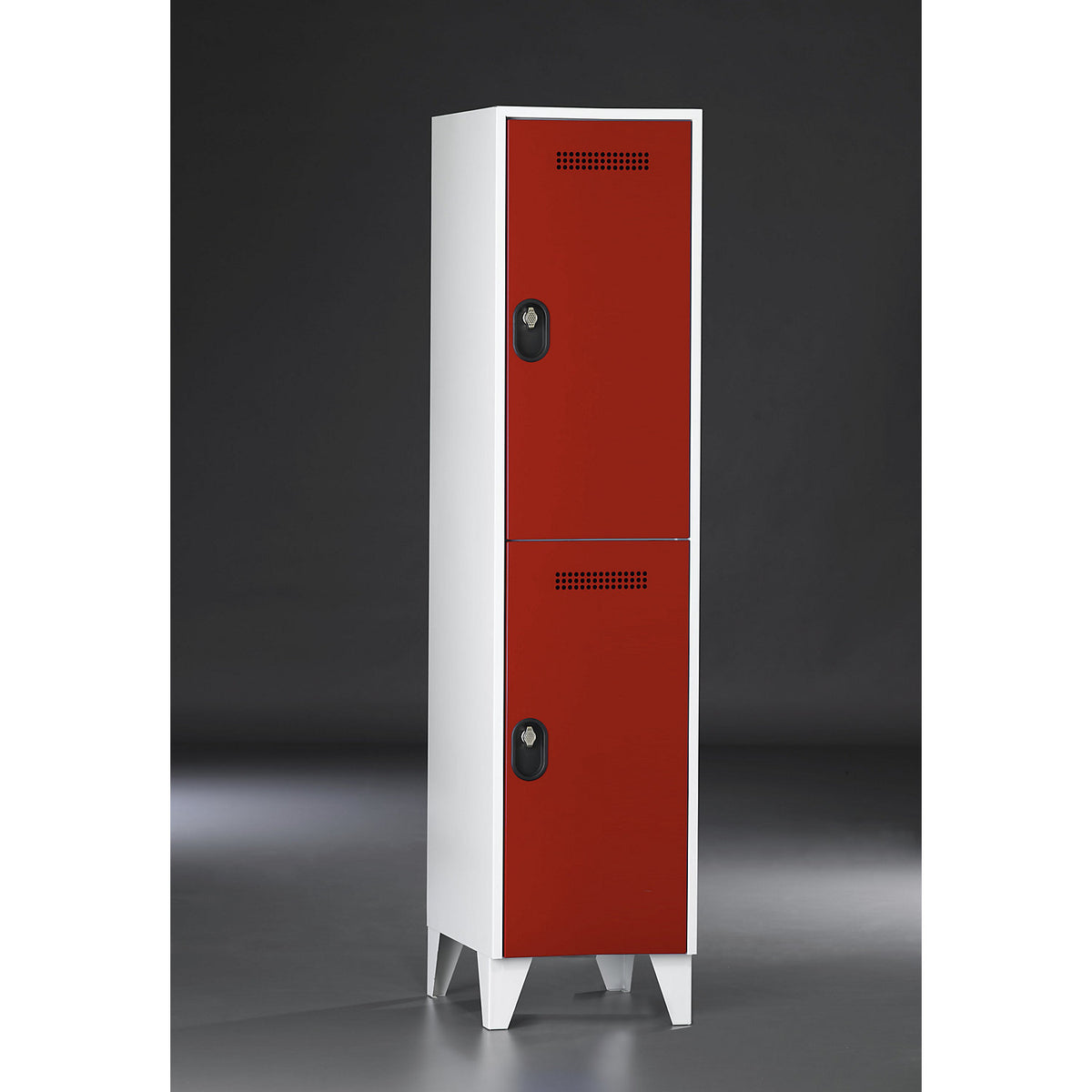 Köln double deck clothes locker, 1 compartment, light grey / flame red, 400 mm.