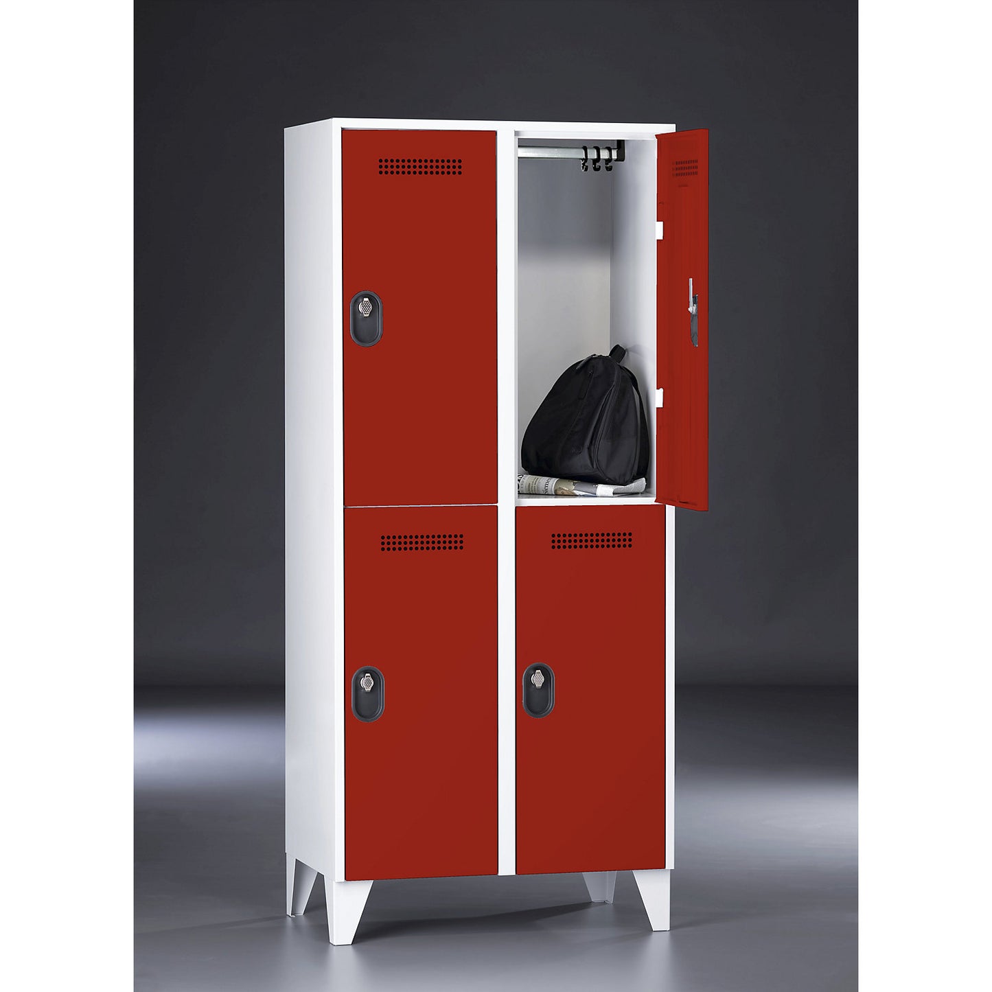 Köln double deck clothes locker, 2 compartments, light grey / flame red, 800 mm.