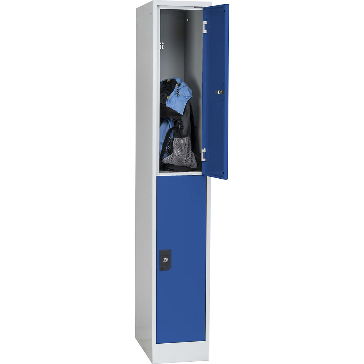 Stuttgart double deck clothes locker, 1 compartment, W 300 mm, light grey / gentian blue.