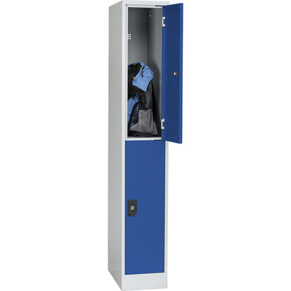 Stuttgart double deck clothes locker, 1 compartment, W 300 mm, light grey / gentian blue.
