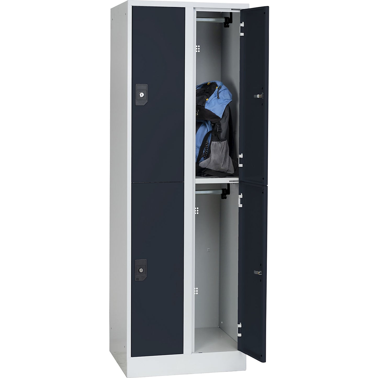 Stuttgart double deck clothes locker, 2 compartments, W 600 mm, light grey / anthracite grey.