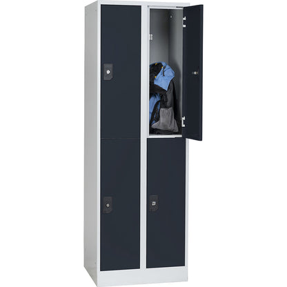 Stuttgart double deck clothes locker, 2 compartments, W 600 mm, light grey / anthracite grey.