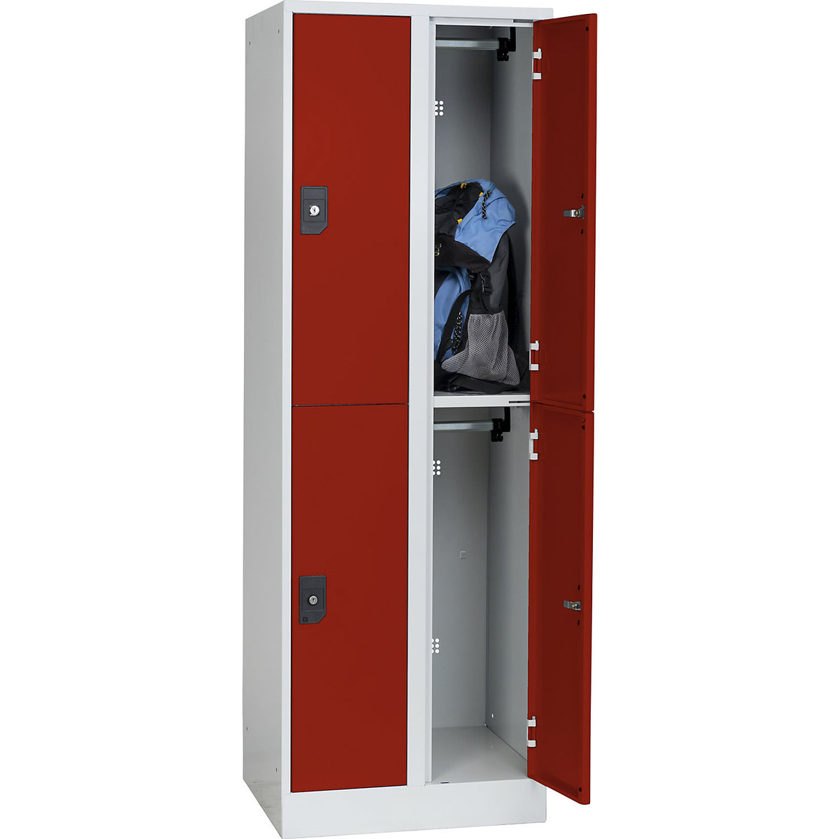 Stuttgart double deck clothes locker, 2 compartments, W 600 mm, light grey / flame red.