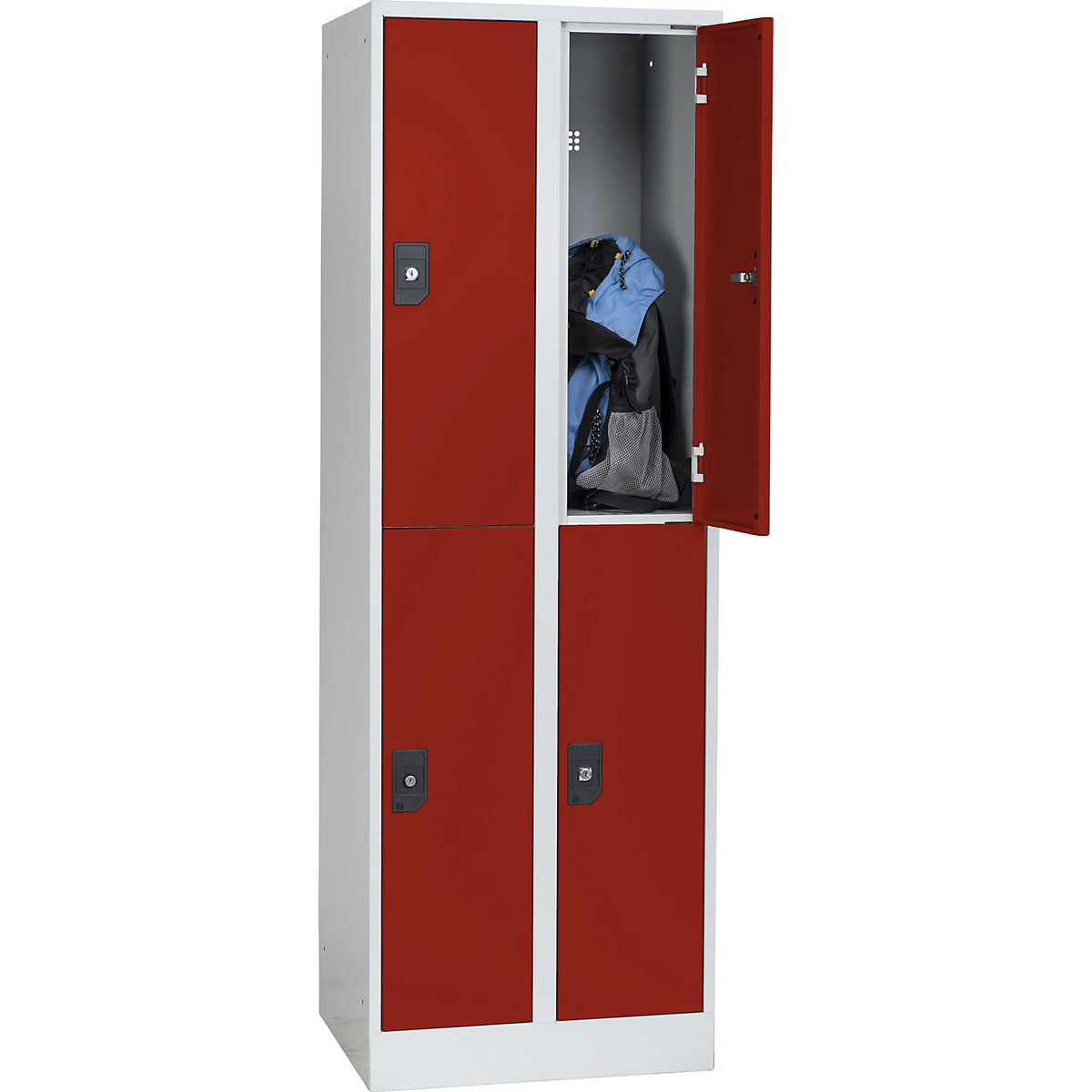 Stuttgart double deck clothes locker, 2 compartments, W 600 mm, light grey / flame red.