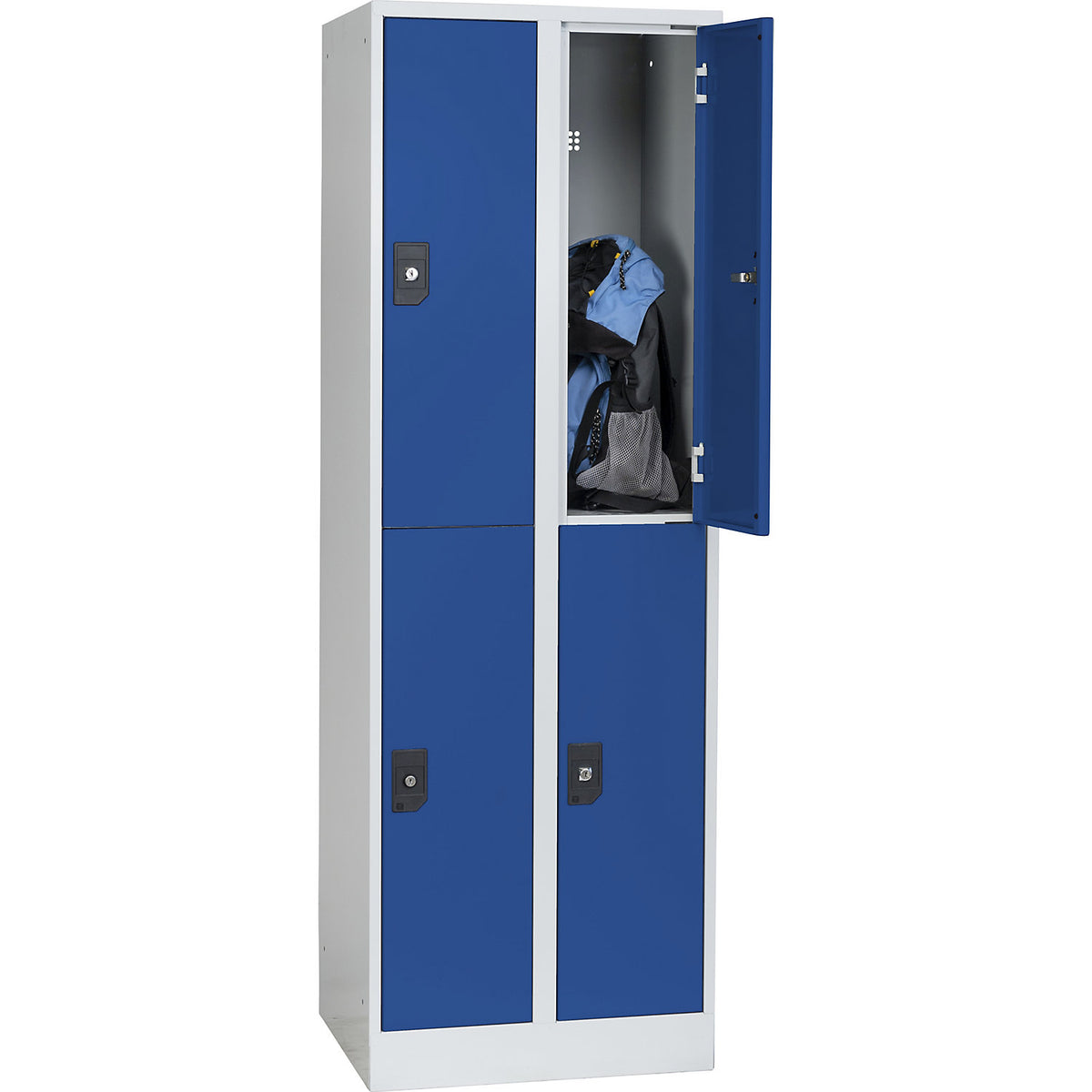 Stuttgart double deck clothes locker, 2 compartments, W 600 mm, light grey / gentian blue.