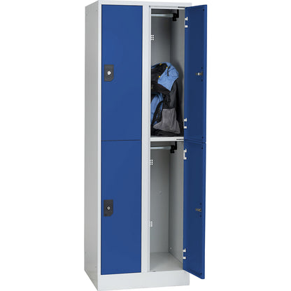 Stuttgart double deck clothes locker, 2 compartments, W 600 mm, light grey / gentian blue.