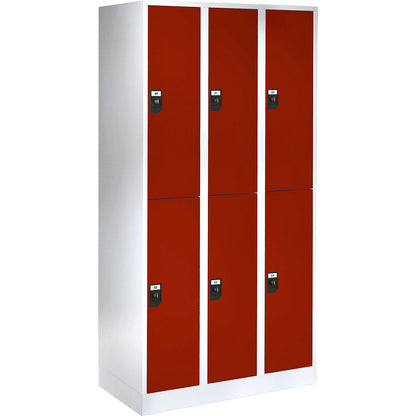 Stuttgart double deck clothes locker, 3 compartments, W 900 mm, light grey / flame red.