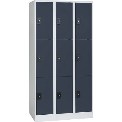 Stuttgart 3-fold compartment locker, 3 compartments, W 900 mm, light grey / charcoal.