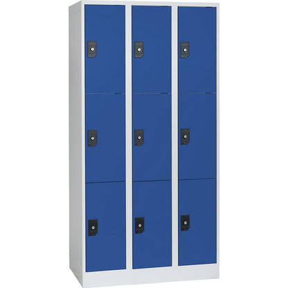 Stuttgart 3-fold compartment locker, 3 compartments, W 900 mm, light grey / gentian blue.