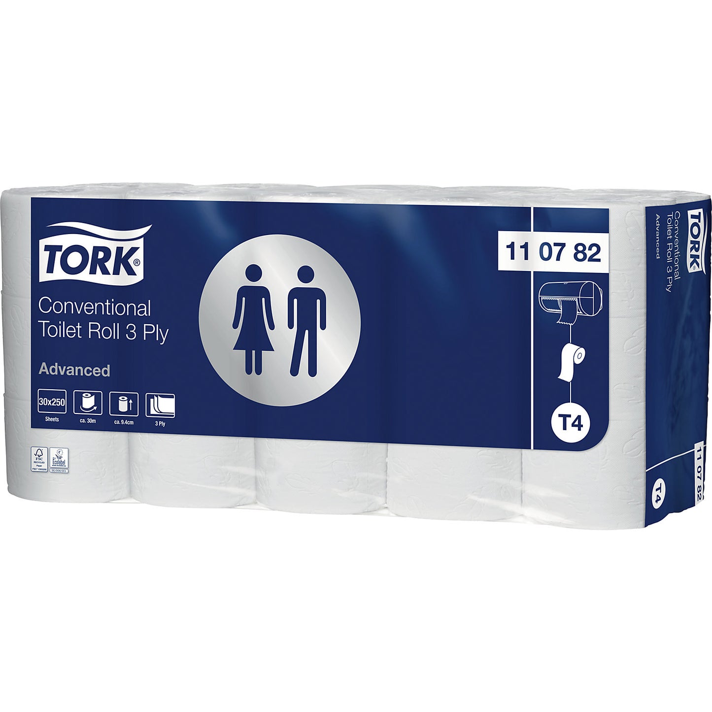 Toilet paper, household roll, tissue, 3-ply, white, pack of 30 rolls (250 sheets/roll), 1+ packs.