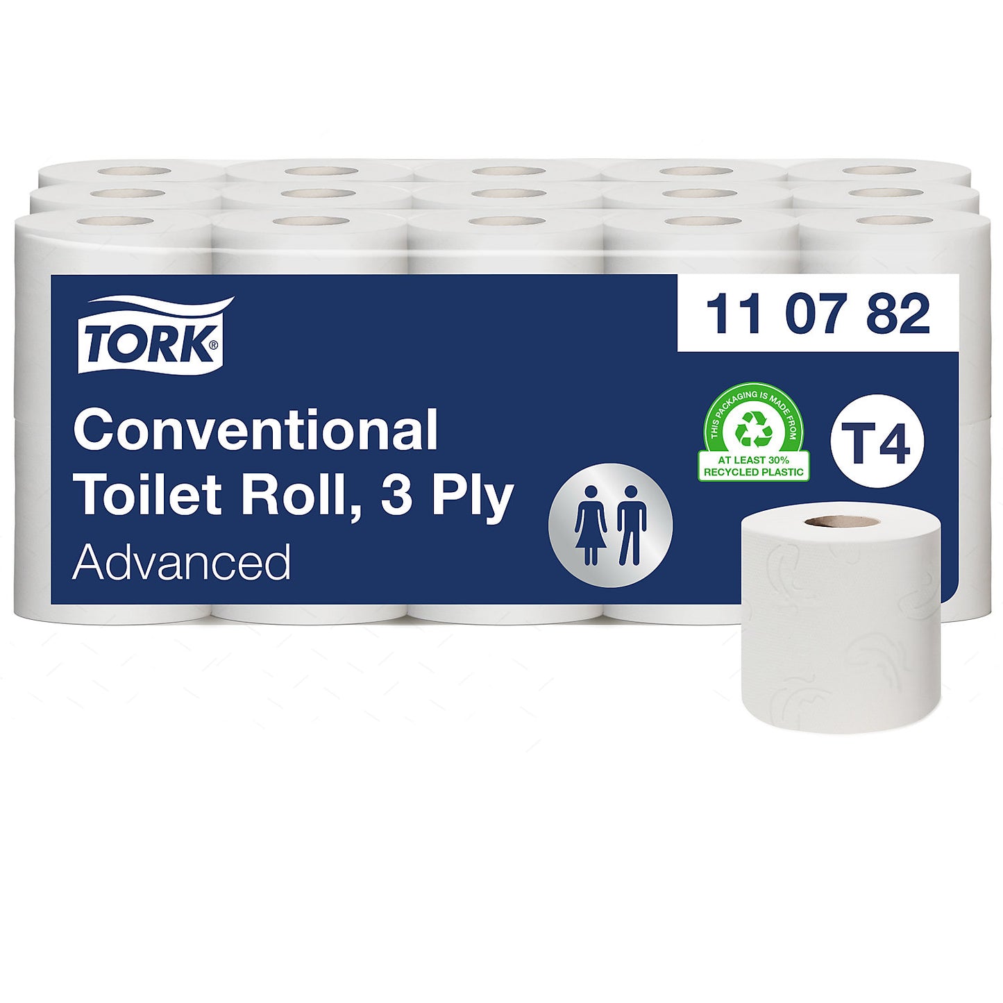 Toilet paper, household roll, tissue, 3-ply, white, pack of 30 rolls (250 sheets/roll), 1+ packs.