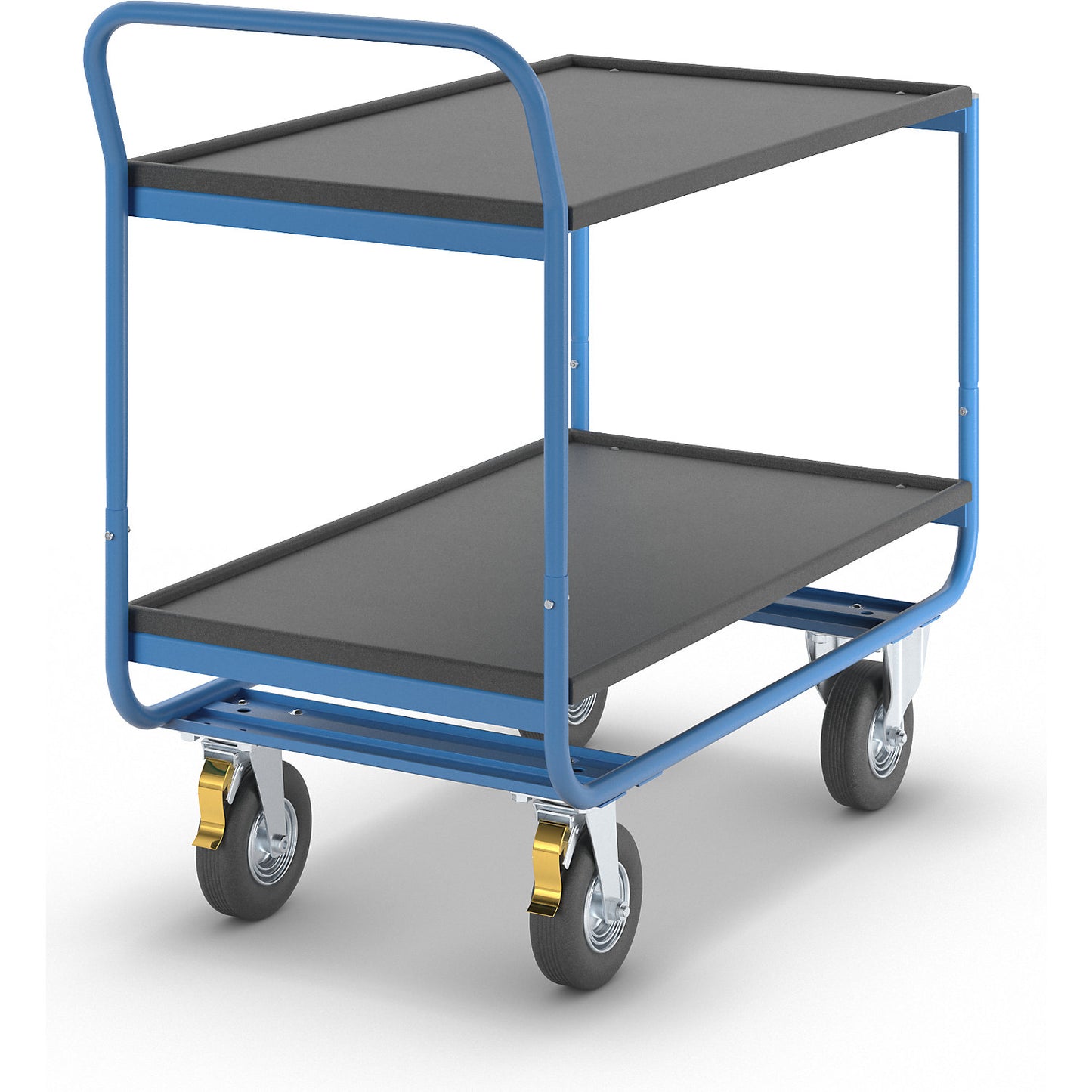 Table trolley, max. load 150 kg, 2 shelves with raised edges, pneumatic tyres.