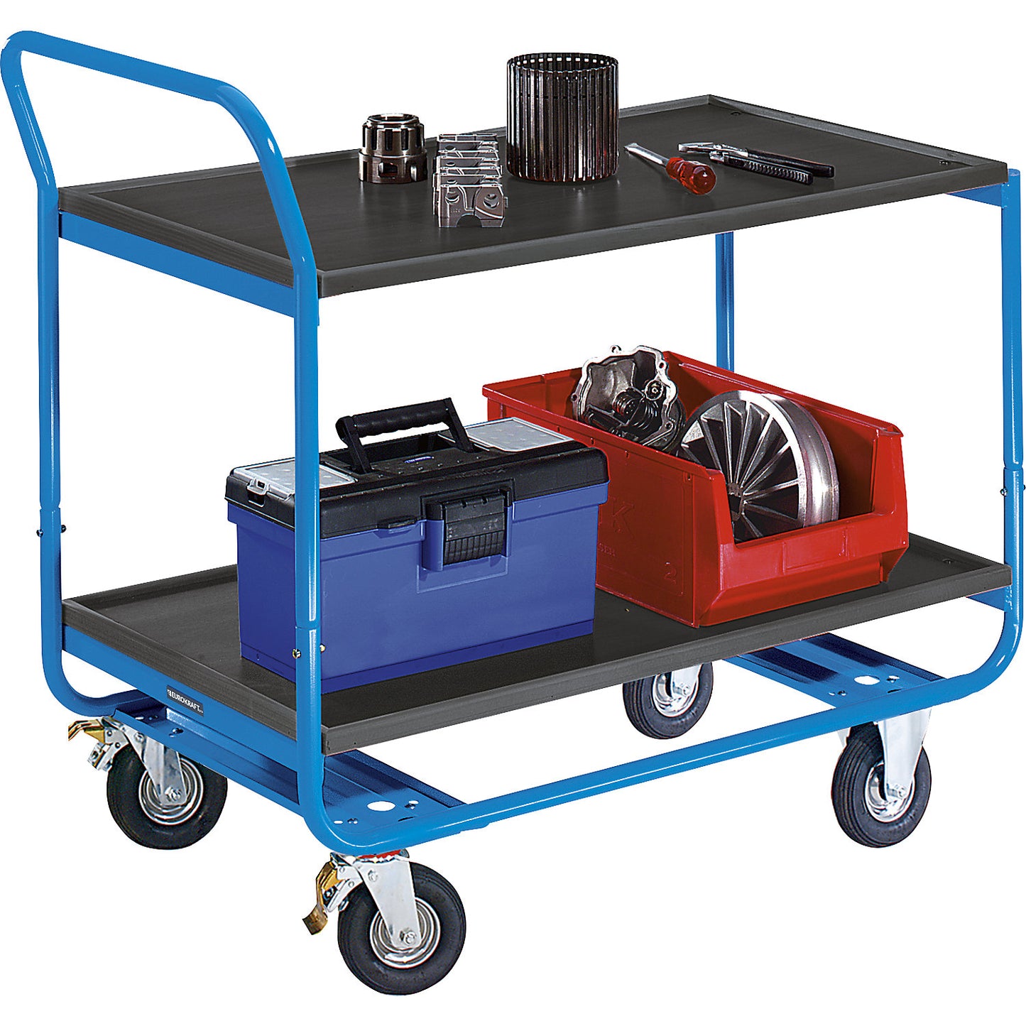Table trolley, max. load 150 kg, 2 shelves with raised edges, pneumatic tyres.