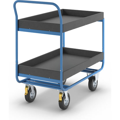 Table trolley, max. load 150 kg, 2 shelves with raised edges, pneumatic tyres.