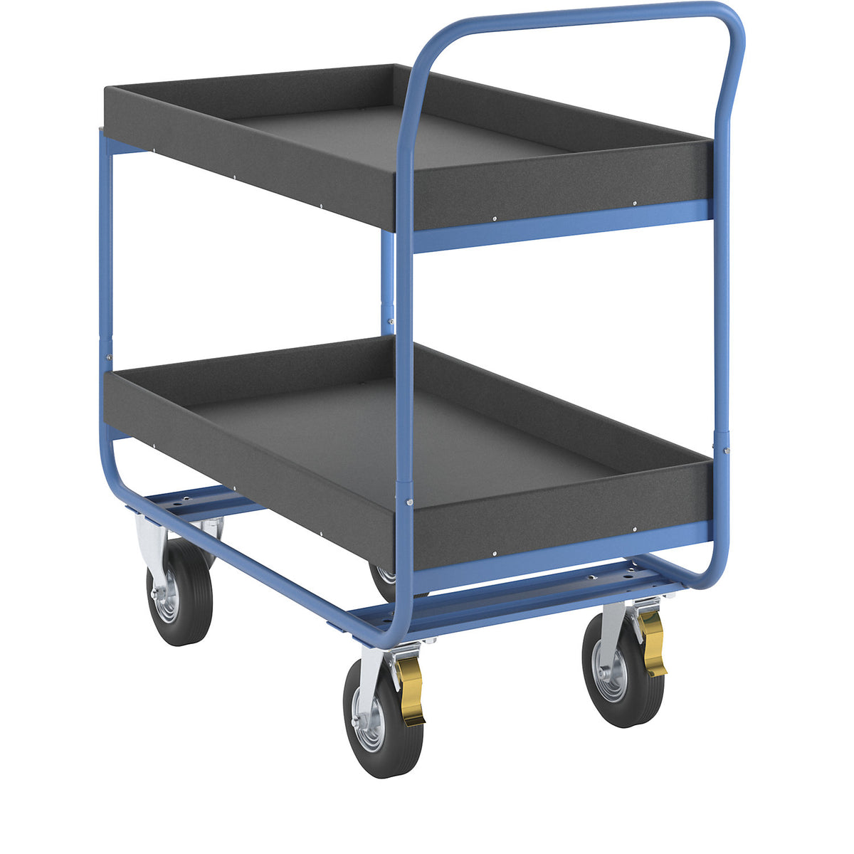 Table trolley, max. load 150 kg, 2 shelves with raised edges, pneumatic tyres.