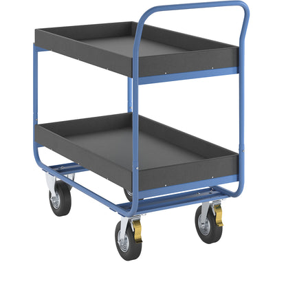 Table trolley, max. load 150 kg, 2 shelves with raised edges, pneumatic tyres.
