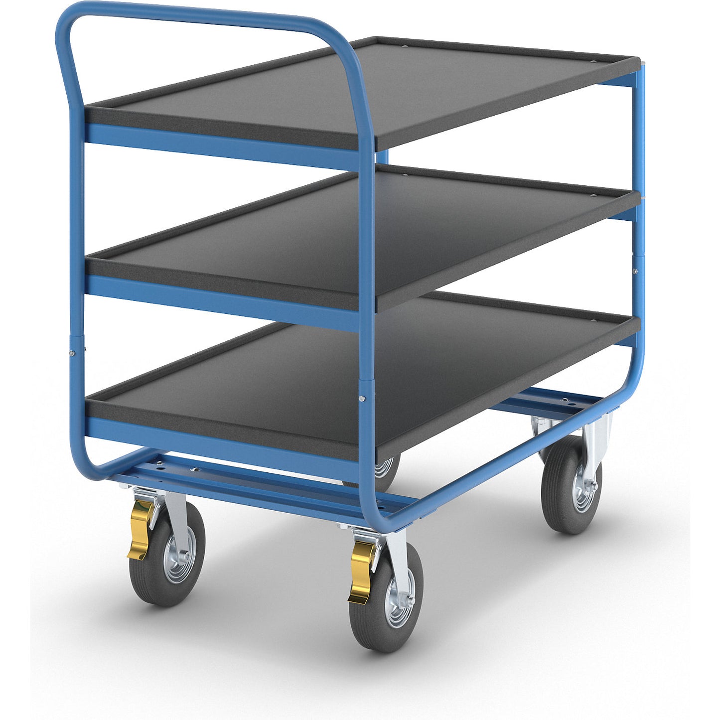 Table trolley, max. load 150 kg, 3 shelves with raised edges, pneumatic tyres.