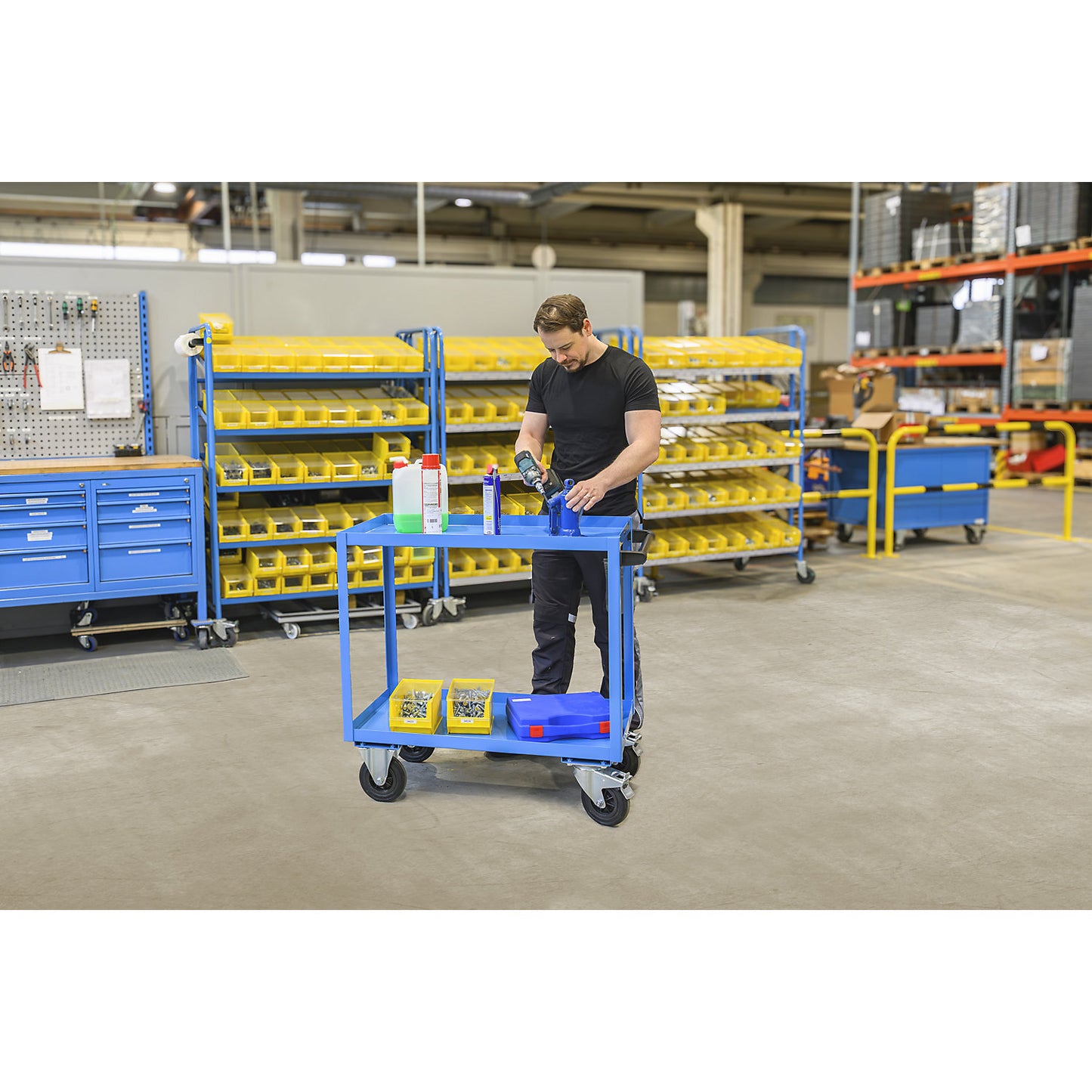 General purpose trolley, 3 shelves, max. load 350 kg, overall height 915 mm, light blue.