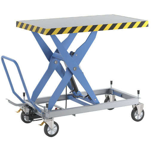 Scissor lift platform truck, max. load 1000 kg, manual lifting, lifting range 510 - 1400 mm, elastic wheels.