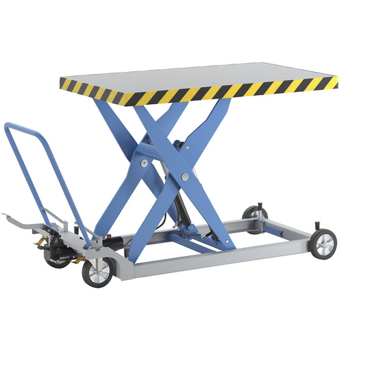 Scissor lift platform truck, max. load 1000 kg, manual lifting, lifting range 320 - 1200 mm, elastic wheels.