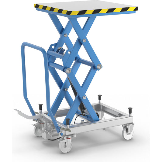 Double scissor lifting platform truck, max. load 500 kg, lifting range 380 - 1315 mm, nylon tyres.