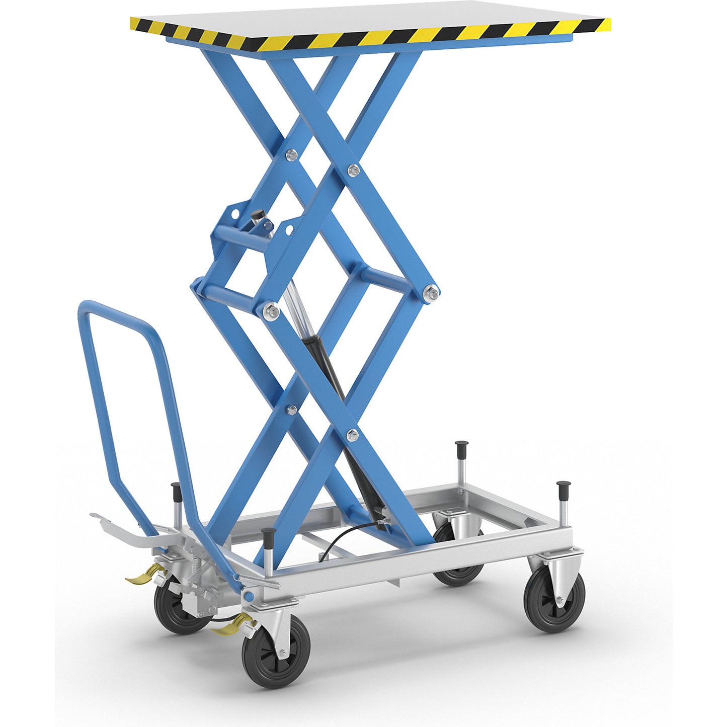 Double scissor lifting platform truck, max. load 500 kg, lifting range 510 - 1800 mm, solid rubber tyres.