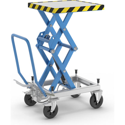 Double scissor lifting platform truck, max. load 500 kg, lifting range 460 - 1400 mm, solid rubber tyres.