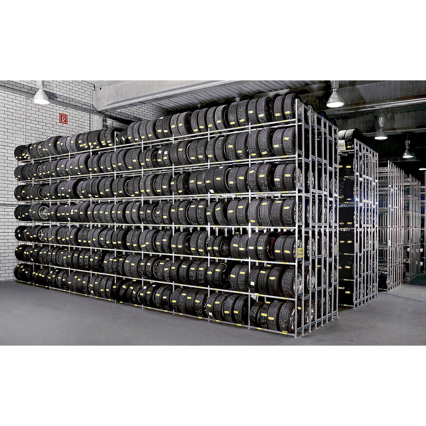 Tyre shelf unit, zinc plated, single sided, 7 levels, extension shelf unit.