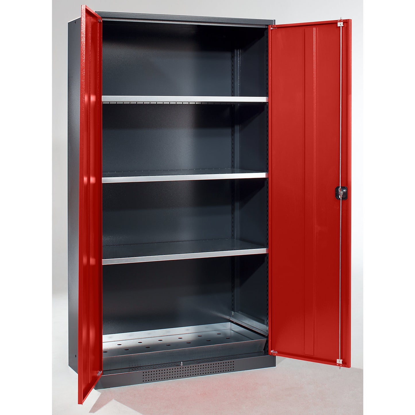 Chemical storage cupboard, solid door, 3 shelves, traffic red.