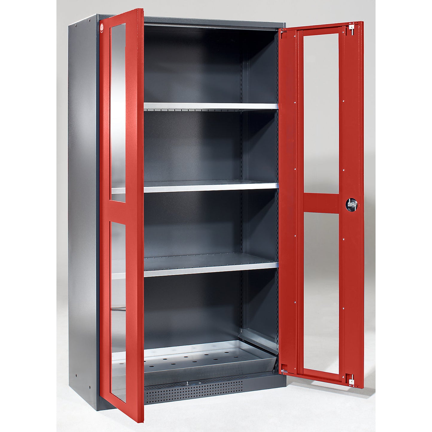 Chemical storage cupboard, door with vision panels, 3 shelves, traffic red.