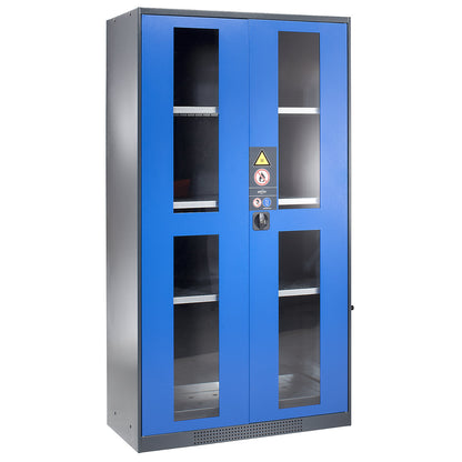 Chemical storage cupboard, door with vision panels, 3 shelves, gentian blue.