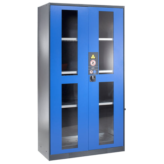 Chemical storage cupboard, door with vision panels, 3 shelves, gentian blue.