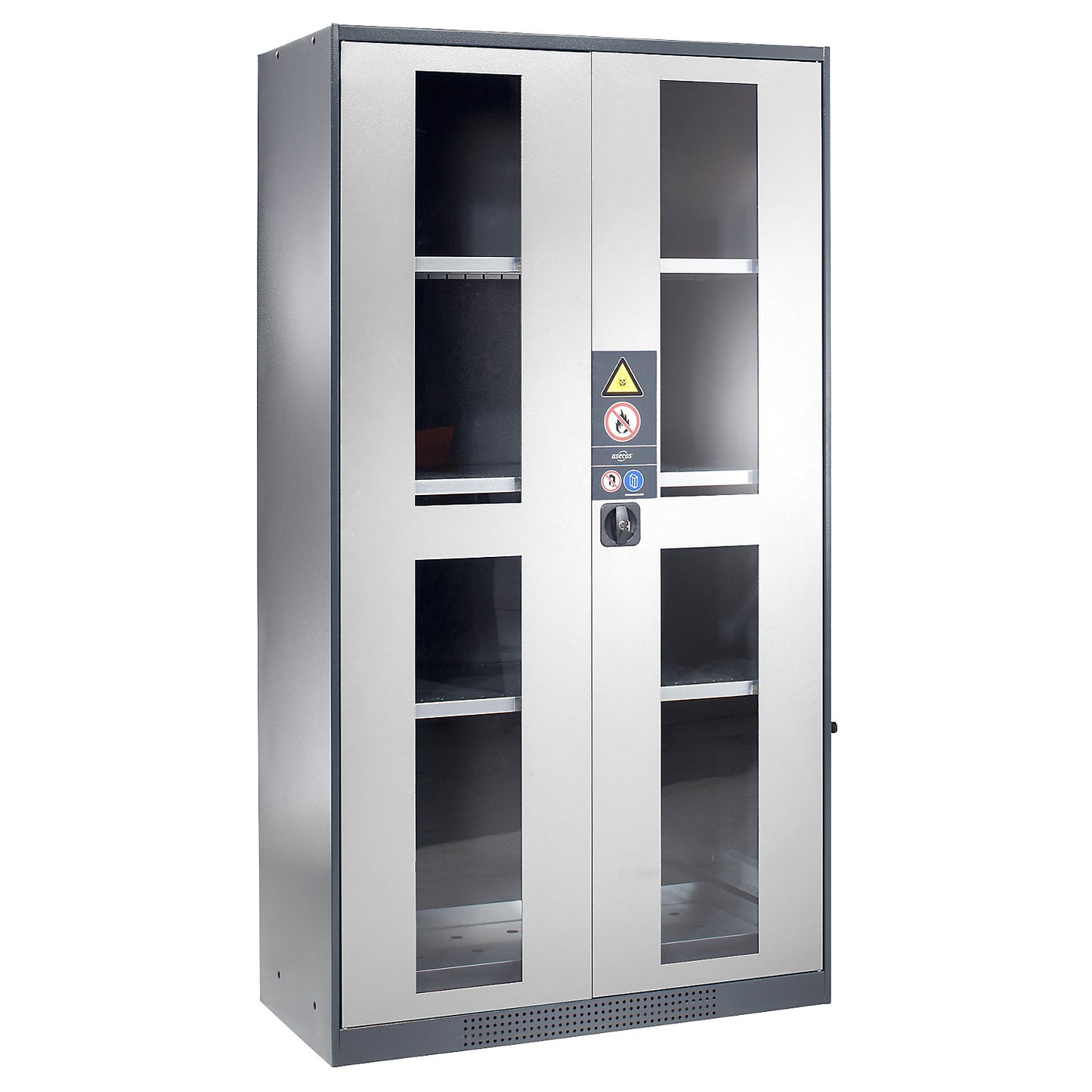Chemical storage cupboard, door with vision panels, 3 shelves, light grey.