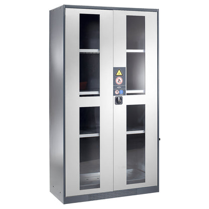 Chemical storage cupboard, door with vision panels, 3 shelves, light grey.