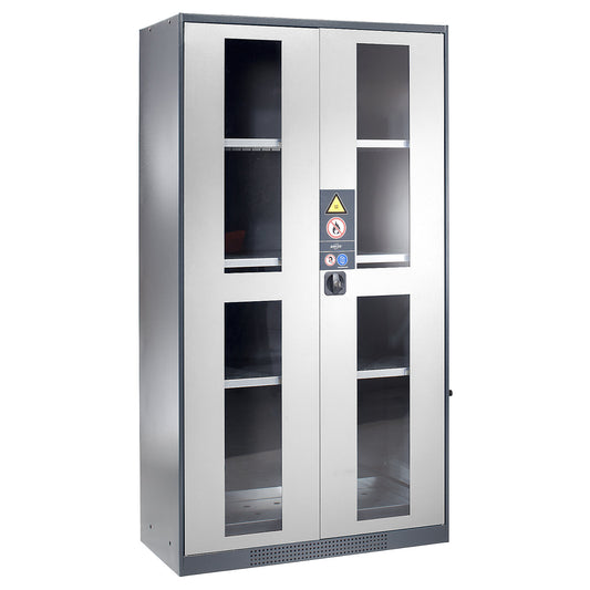 Chemical storage cupboard, door with vision panels, 3 shelves, light grey.