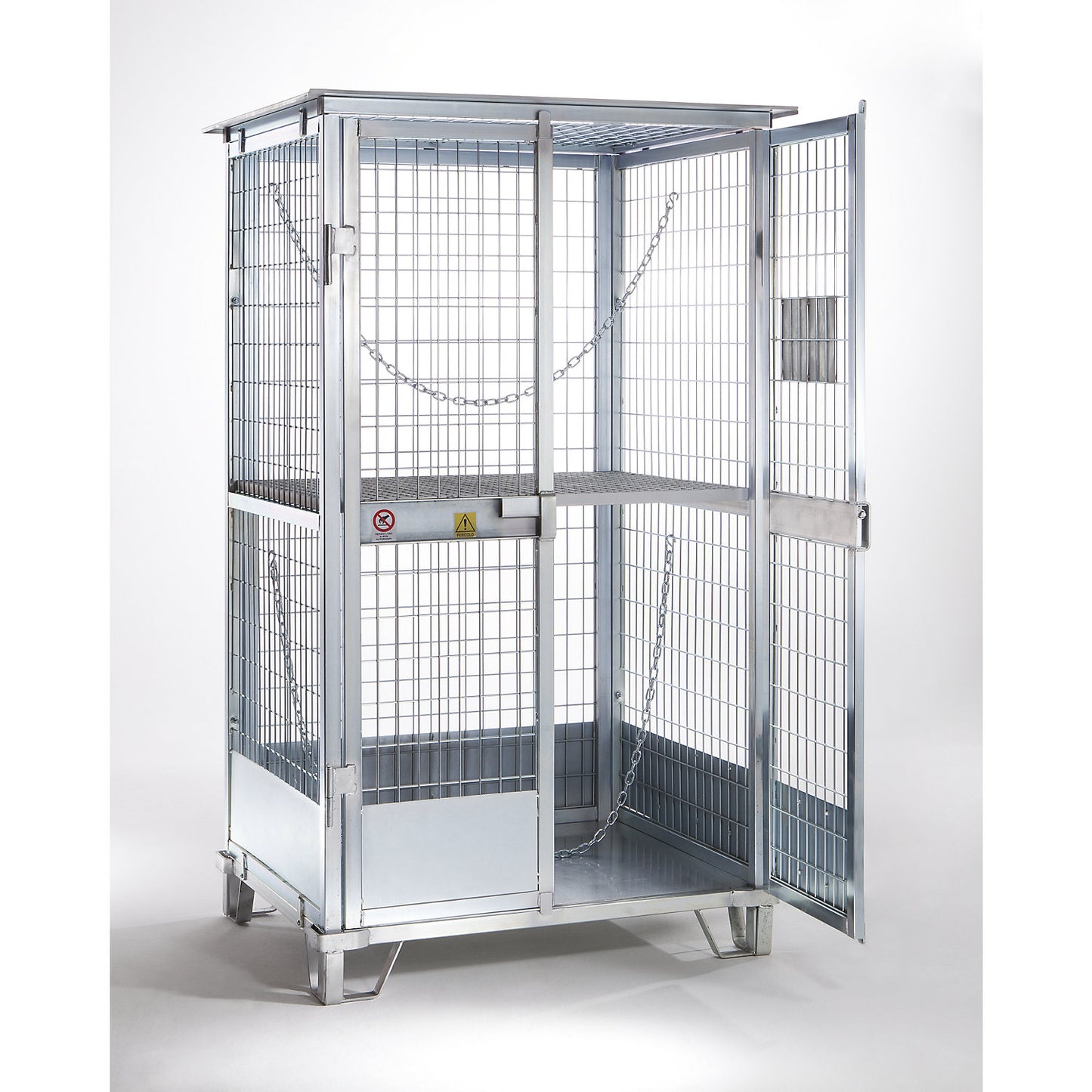 Gas cylinder storage, HxWxD 2100 x 1235 x 1070 mm, with fixed intermediate shelf.