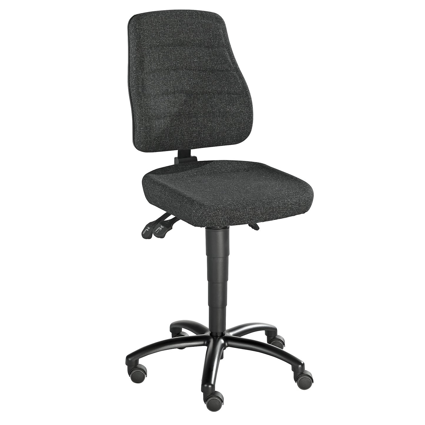 Industrial swivel chair, fabric cover, with castors.