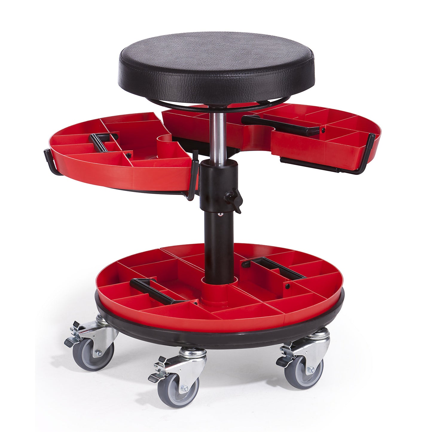 Industrial stool, with 2 tool trays, with PU foam seat.