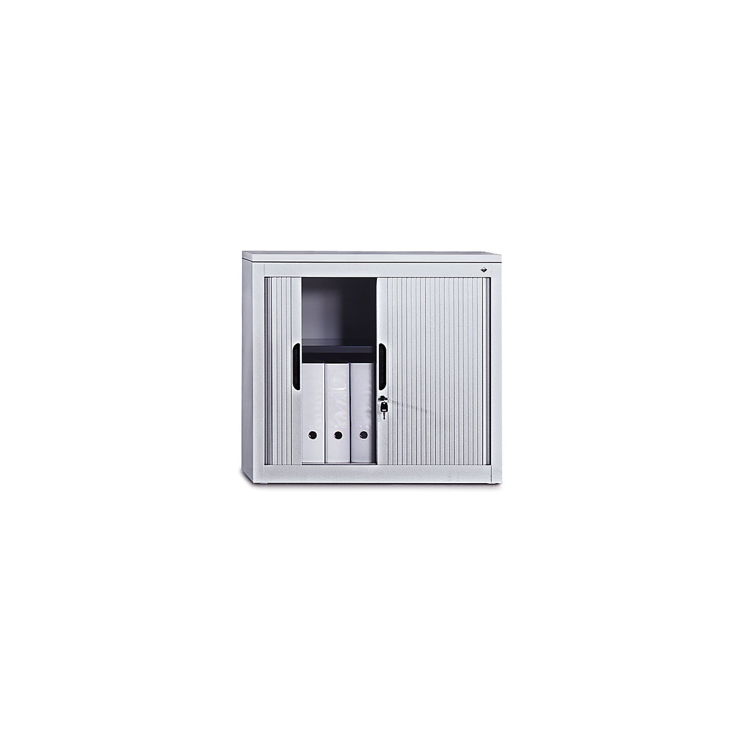 Roller shutter cupboard with horizontal shutter, HxWxD 1030 x 1000 x 420 mm, 2 shelves, 2.5 file heights, white aluminium.
