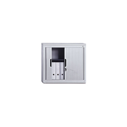 Roller shutter cupboard with horizontal shutter, HxWxD 1030 x 1000 x 420 mm, 2 shelves, 2.5 file heights, white aluminium.