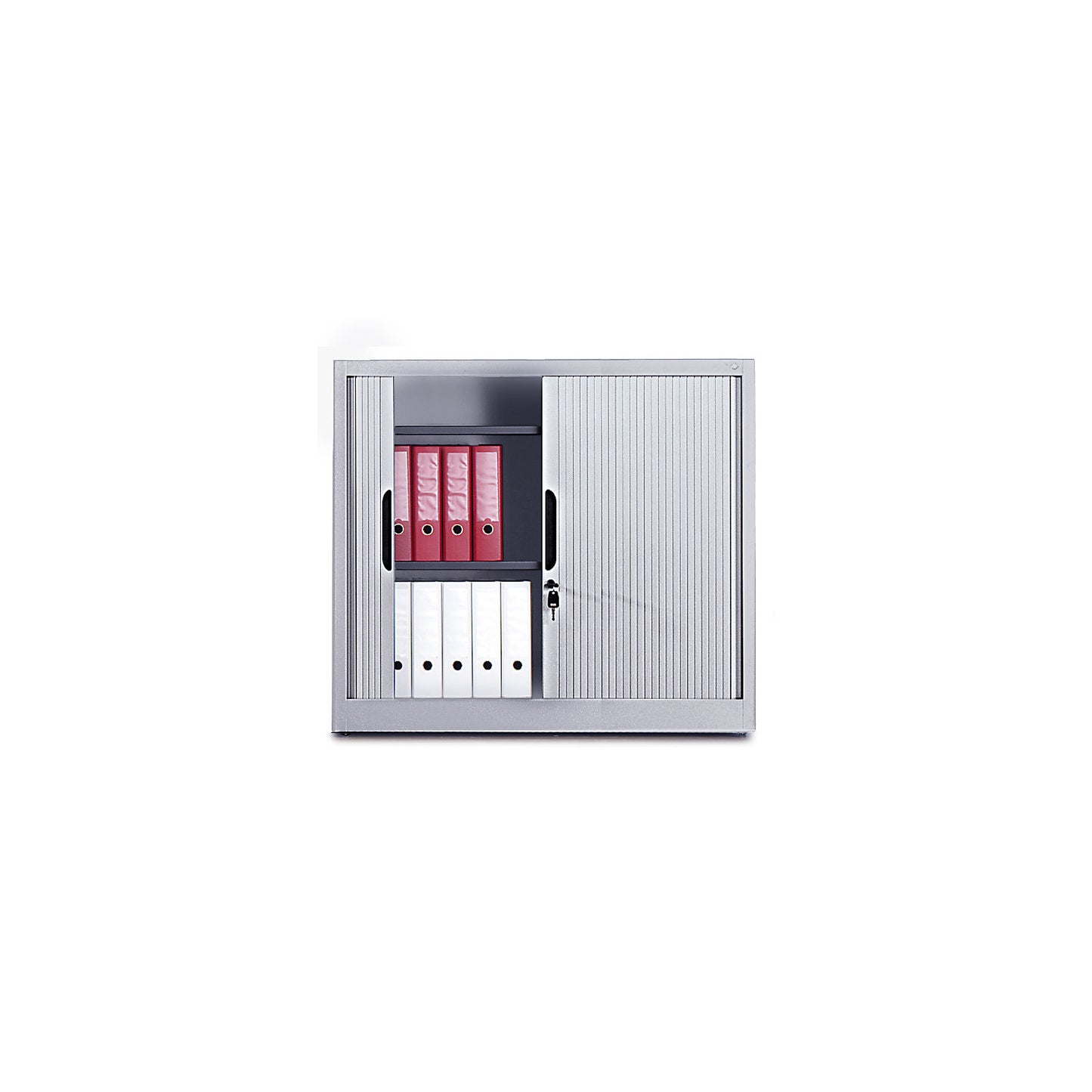 Roller shutter cupboard with horizontal shutter, HxWxD 1030 x 1200 x 420 mm, 2 shelves, 2.5 file heights, white aluminium.