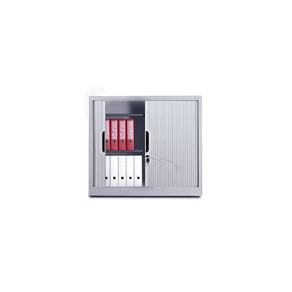 Roller shutter cupboard with horizontal shutter, HxWxD 1030 x 1200 x 420 mm, 2 shelves, 2.5 file heights, white aluminium.